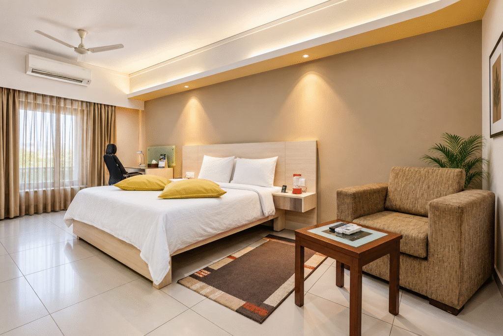 Modern service apartment in Neemrana with bed, living area, kitchenette, dining space, and work desk.