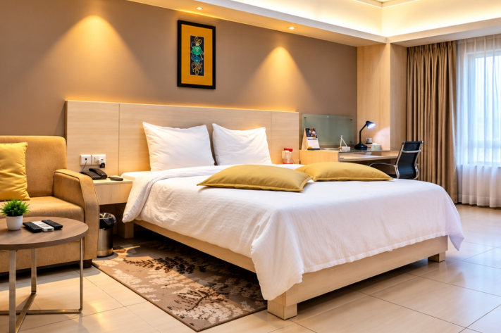 Modern service apartment in Delhi with spacious bedroom and seating area