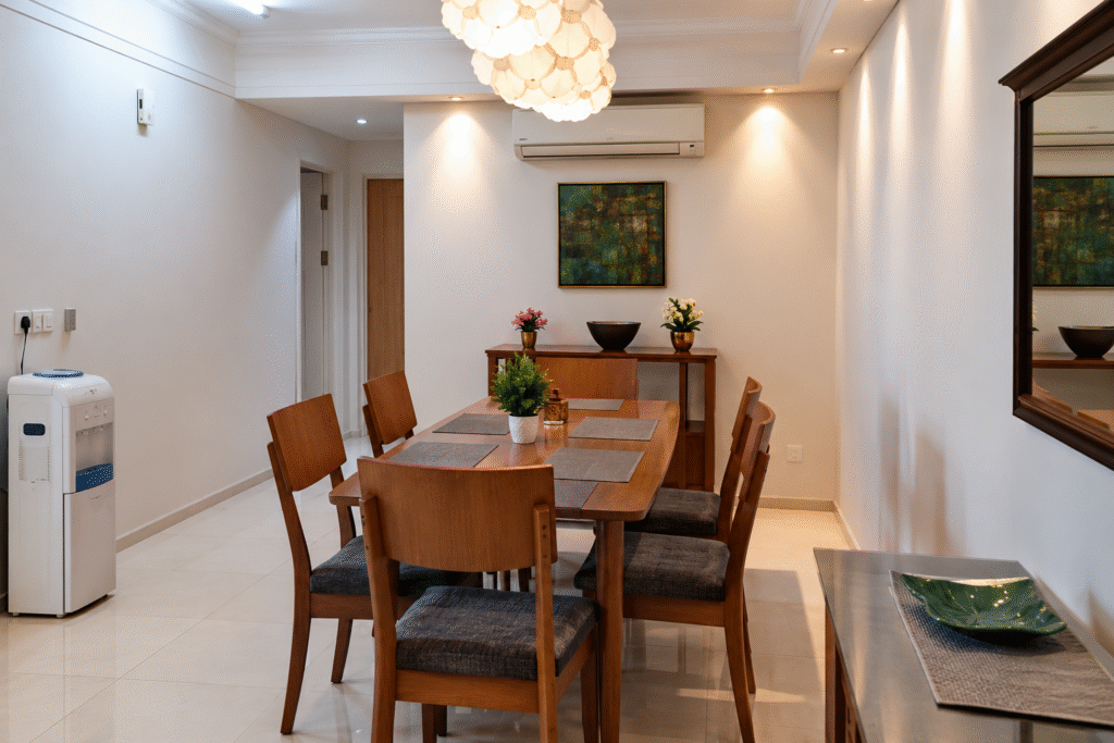 Modern dining area with wooden dining table, chairs, warm lighting, and minimalist interiors.