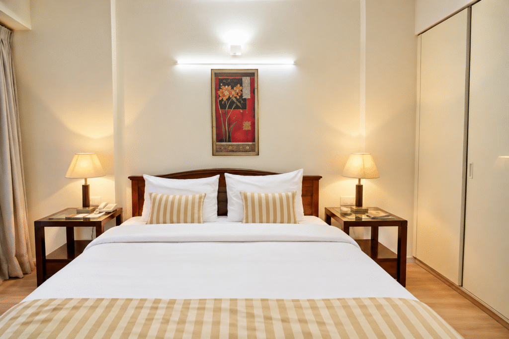 Well-appointed hotel bedroom with a king-size bed, white bedsheets, beige striped cushions, wooden headboard, and bedside lamps.