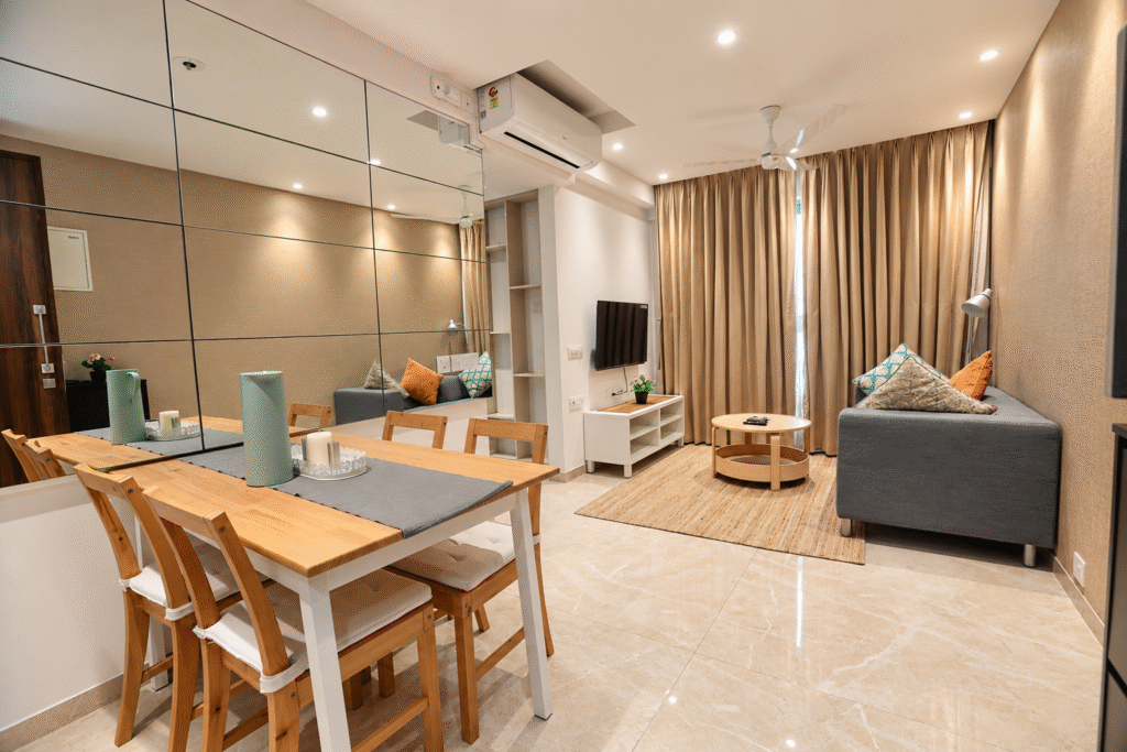 A modern living and dining area featuring a wooden dining table, grey sofa with decorative cushions, mirrored wall panels, beige curtains, a wall-mounted television, and warm ambient lighting.