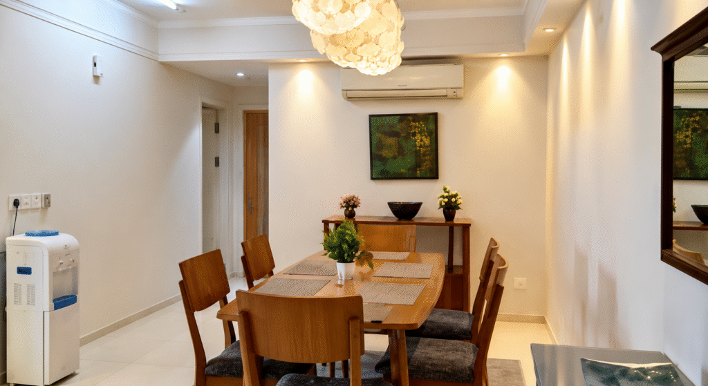 Modern dining area with wooden dining table and chairs at Enkay Condominiums